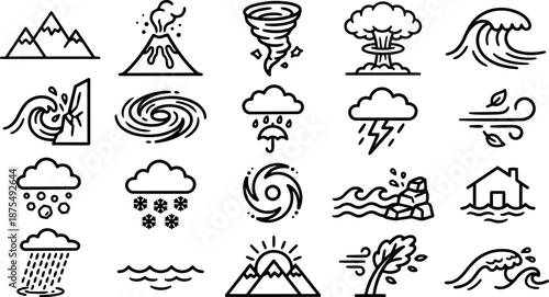 Line icon weather symbols set close up arranged grid with storms waves mountains tornado flood sunrise simple black stroke minimal outline