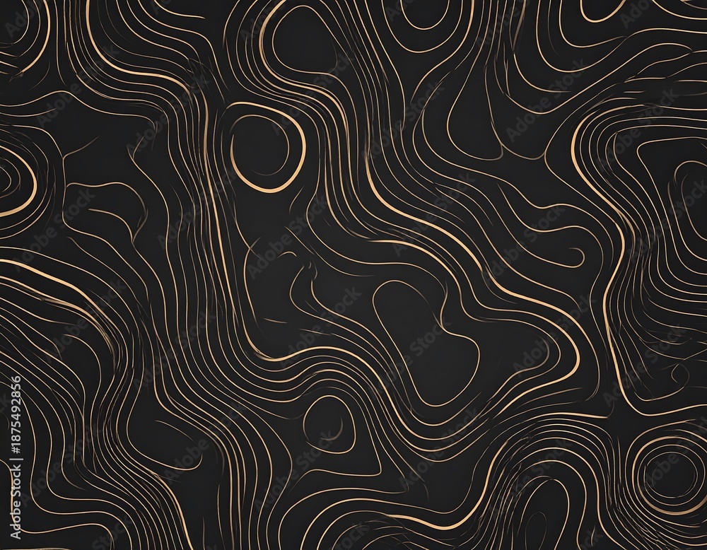 Fototapeta premium Dark backdrop covered in golden wavy lines and concentric shapes, simulating topographical contour lines