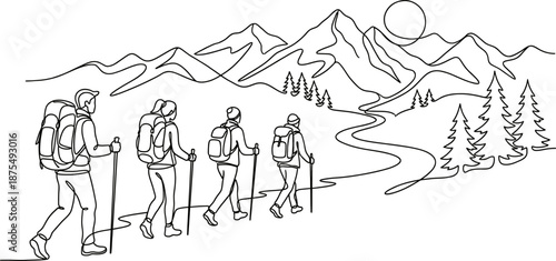 Group Of Travelers Hiking In Mountains Modern Single Line Draw