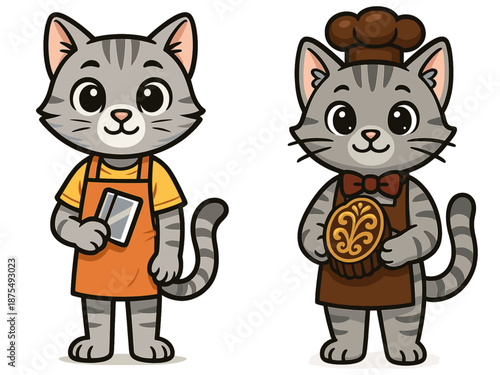 Cute cartoon cats in aprons, one with a spatula and the other with a baked treat, showcasing lively kitchen fun