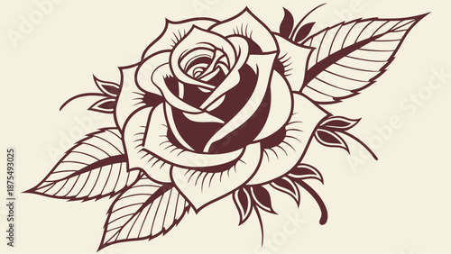 Elegant rose illustration with leaves on beige background