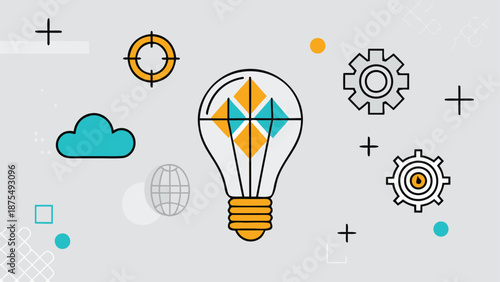 Creative idea generation concept with light bulb gears and abstract shapes in flat illustration style on gray background
