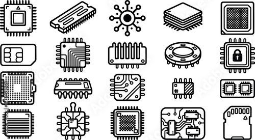 Line art icon set close up top view microchips and circuit components grid including sim card sd card secure chip