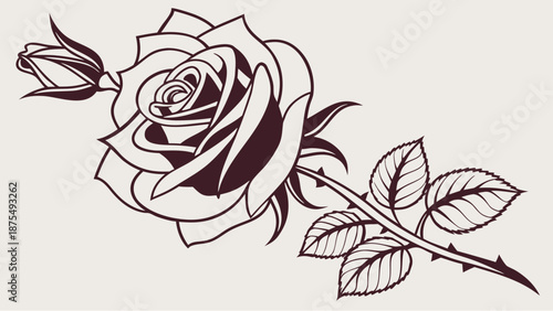 Elegant rose with leaves and thorns in dark brown color