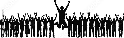 Vector illustration of celebratory group silhouettes—symbols for unity, joy, excitement, success, teamwork, motion, posture, and expressive social design