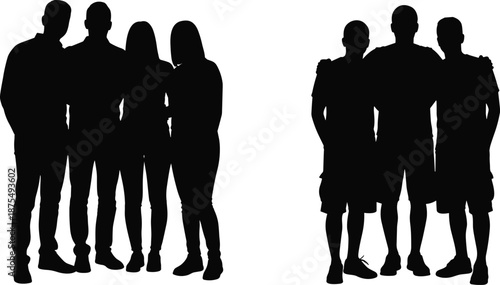 Vector illustration of group silhouette poses—symbols for friendship, bonding, unity, posture, lifestyle, social interaction, casual design, and human connection