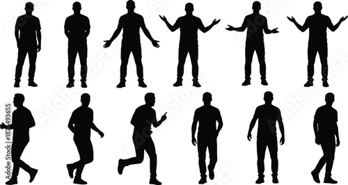 Vector illustration of human silhouette poses—symbols for walking, standing, gesture, motion, lifestyle, posture, character design, and animation reference graphics