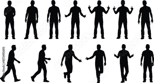 Vector illustration of human silhouette poses—symbols for walking, standing, gesture, motion, lifestyle, posture, character design, and animation reference