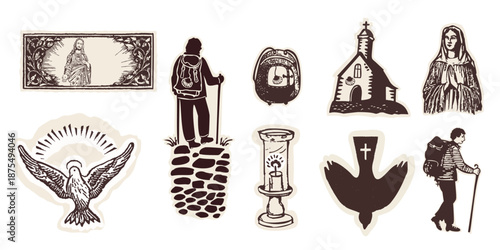 Catholic pilgrimage Clipart set for bible study motif. Hand drawn isolated vector symbol for pilgrims way bible journaling, Catholic Church or Santiago St James Way Compostela motif collection