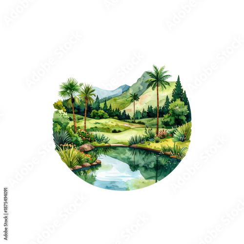 The illustration shows green palm trees on a world map depicting tropical islands, conveying a concept against a white background
