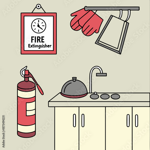 Kitchen Safety First: Fire Extinguisher, Gloves, Warning Sign - Emergency Prepar