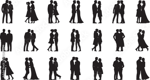 Black Silhouettes of Couples Dancing and Walking Together on White Background