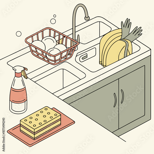 Kitchen Cleaning Essentials: Sponge, Soap, Dish Rack - Sparkling Clean Sink