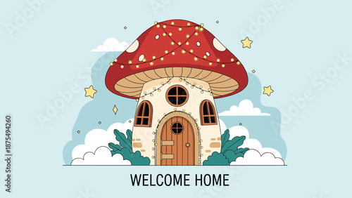 Whimsical mushroom house with a red polka dot roof decorated with fairy lights and surrounded by clouds and stars under a Welcome sign.