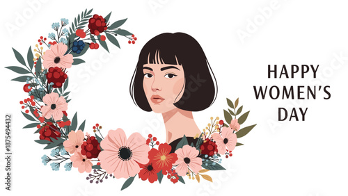 Stylish portrait of a woman with black bob hair framed by a beautiful half-circle wreath of pink and red flowers for Women's Day.