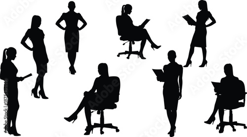 Vector illustration of businesswoman silhouettes—symbols for office posture, corporate lifestyle, leadership, productivity, communication, professionalism, and workplace diversity graphics