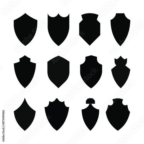Black Shield Silhouette Icon Set with Heraldic Crest Shapes Isolated on White