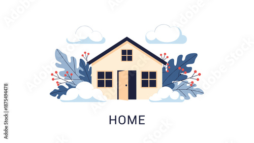Cozy family home illustration with windows and an open door features blue leaves and red berries under soft white clouds in a bright sky.