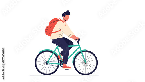 Young man with a red backpack rides a stylish green bicycle on a clean white background represents eco-friendly commuting and healthy lifestyle.