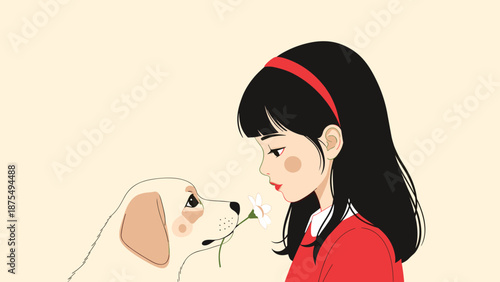 Sweet young girl with dark hair and a red headband shares a peaceful moment with her golden retriever puppy while smelling a white flower.