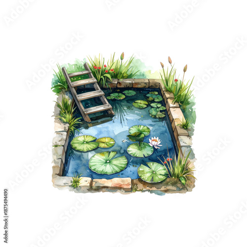A pond with beautiful grass against a white background