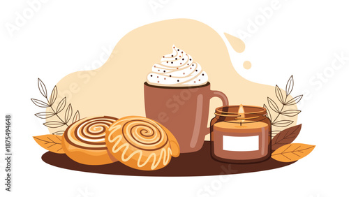 Delightful autumn scene features a mug of hot chocolate with whipped cream next to cinnamon rolls and a scented candle surrounded by dry leaves.