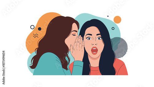 Two young women sharing a secret show expressive faces with one whispering and the other looking surprised against an abstract background.