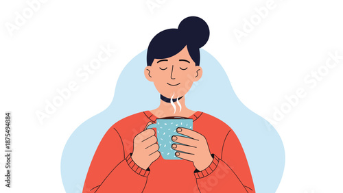 Calm young woman with her eyes closed enjoys the pleasant aroma of a steaming cup of tea or coffee in a cozy home environment for relaxation.