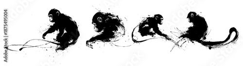 Chinese new year monkey zodiac brush painting with dynamic ink strokes on white background