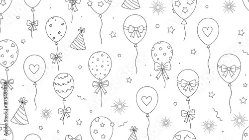 Seamless black and white pattern of various party elements like balloons with bows and hearts and festive hats creates a joyful celebration theme.