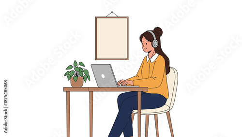 Student girl with headphones sits at a wooden desk working on her laptop with a houseplant and a picture frame in a clean minimalist room.