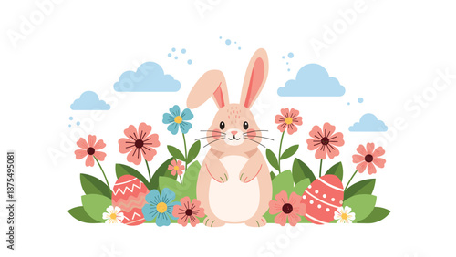 Adorable Easter bunny stands in a blooming garden with colorful flowers and decorated Easter eggs under a bright blue sky with soft white clouds.