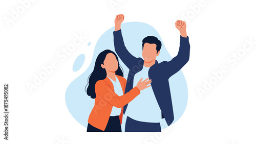 Joyful man and woman celebrate their success with arms raised in victory and excitement against a soft blue abstract background.