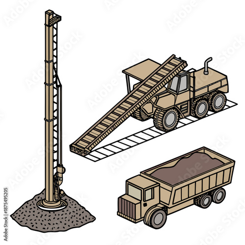 Industrial Mining Equipment: Drill, Crusher, Conveyor - Vector Icon Set