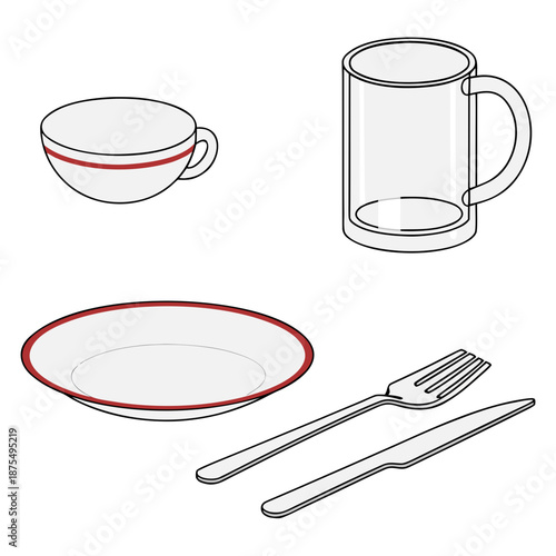 Modern Kitchenware Set: Ceramic Plate, Glass Cup, Steel Utensils