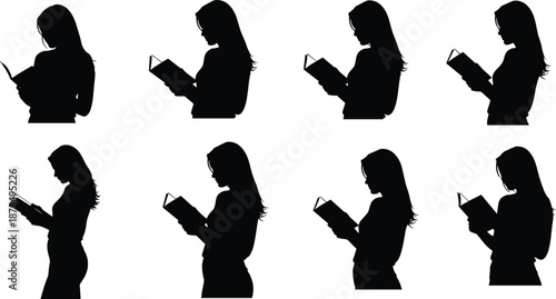 Silhouettes of person reading book in eight varied postures, black and white graphic, transparent background, concentration and literacy illustration