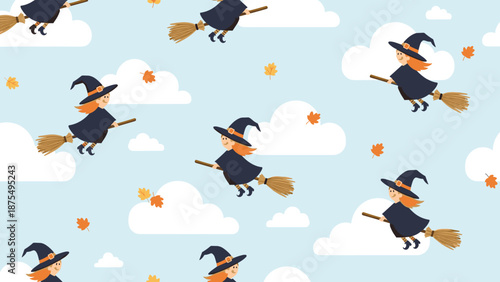 Whimsical seamless pattern features little witches flying on broomsticks through a sky filled with clouds and falling autumn leaves.