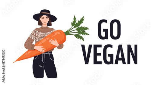 Modern woman in an autumn sweater and hat carries a giant carrot accompanied by a bold text go vegan promoting a plant-based healthy lifestyle.