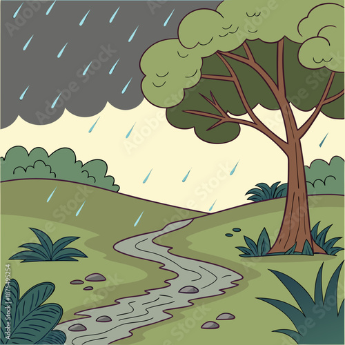 Monsoon Rainy Season: Heavy Rain, Clouds, Wet Landscape