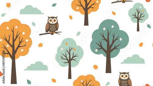 Charming autumn forest seamless pattern with cute brown owls perched on branches among colorful trees and falling leaves under puffy clouds.