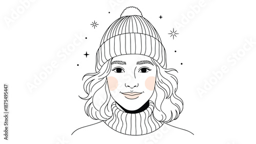 Beautiful line art portrait of a young woman with wavy hair wearing a cozy knit winter beanie cap surrounded by twinkling stars.