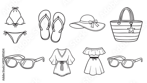 Summer beach accessories line art icons set, minimal outline vector illustration