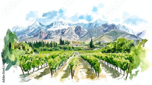 Mendoza Wine Region. Mendoza Wine Region hand drawn watercolor illustration