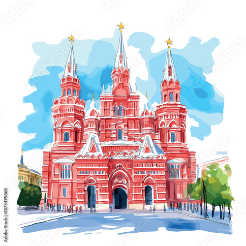 Red Square and State Historical Museum. Red Square and State Historical Museum watercolor vector illustration