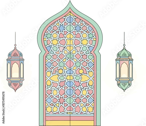 Ornate Islamic-style stained glass window with hanging lanterns and intricate geometric patterns