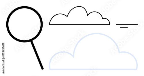 Cloud computing concept. Cloud computing and data exploration ed with a magnifying glass and clouds. Cloud computing enhancing data storage and processing. For tech, data, research, innovation