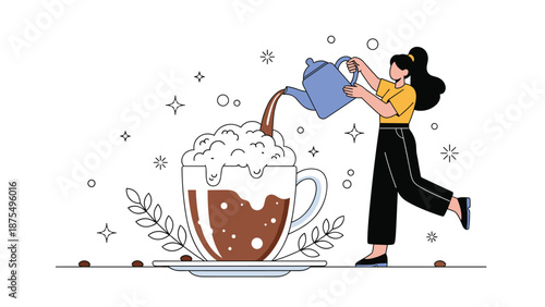 Creative illustration of a woman pouring hot coffee from a blue teapot into a massive cup filled with frothy foam and floating bubbles.