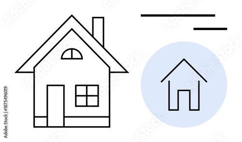Real estate, home construction, architectural design, housing market, property development, line art. A minimalist line drawing of a house next to a circular icon. Real estate and home construction