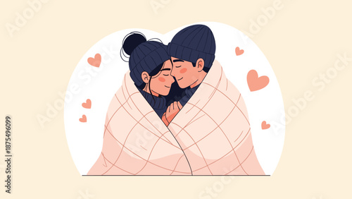 Romantic illustration of a cozy young couple huddled together under a warm plaid blanket surrounded by floating red hearts.