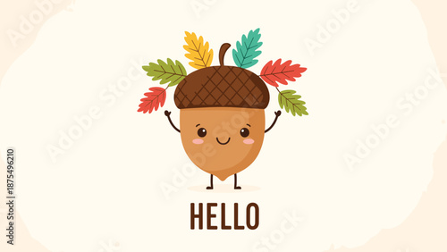 Happy cartoon acorn character with a smiling face and arms raised wearing a crown of colorful autumn leaves under a Hello greeting.